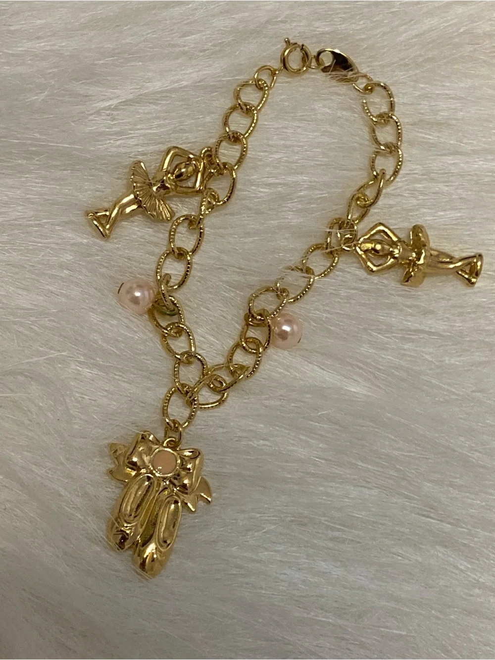 VTG ‘94 NOS Avon Pink Pearl Ballerina Gold Charm Bracelet Deadstock Kids Jewelry